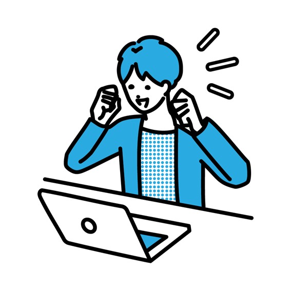 パソコンの前で喜んでいる人のイラスト